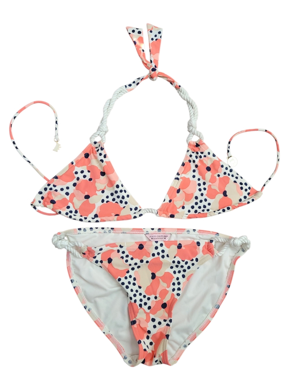 Juicy Couture Bikini Set Medium Coral Pink Polka Dot Floral Rope Tie Charm Swim